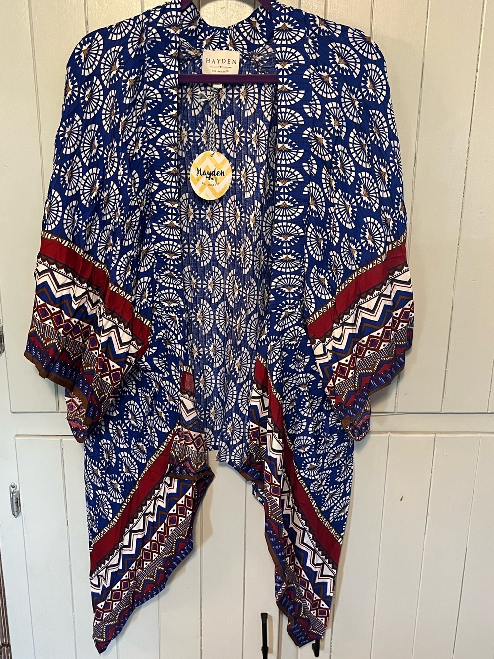 Hayden Blue Printed Open-Front Kimono with Red Trim